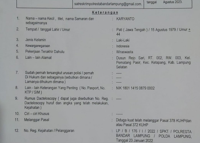 Polresta Bandar Lampung Terbitkan DPO untuk Karyanto yang Diduga Lakukan Penipuan Terhadap Juansah