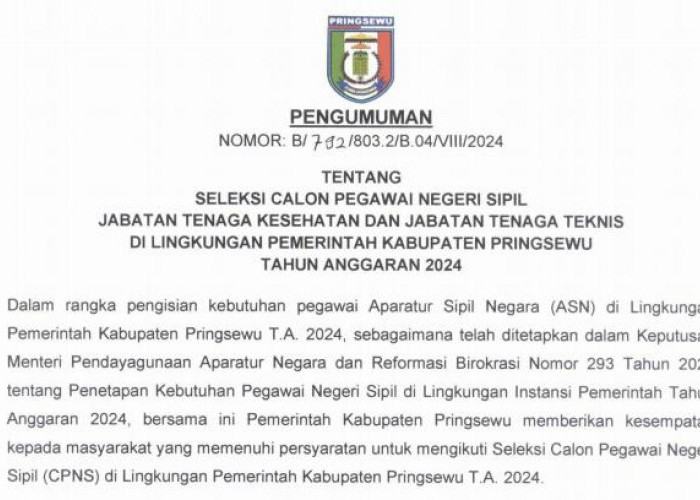 Rincian Formasi untuk Seleksi CPNS Pringsewu 2024, Terbanyak Tenaga Teknis 