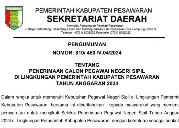 Pemkab Pesawaran Lampung Buka 27 Formasi CPNS 2024, Ini Rinciannya