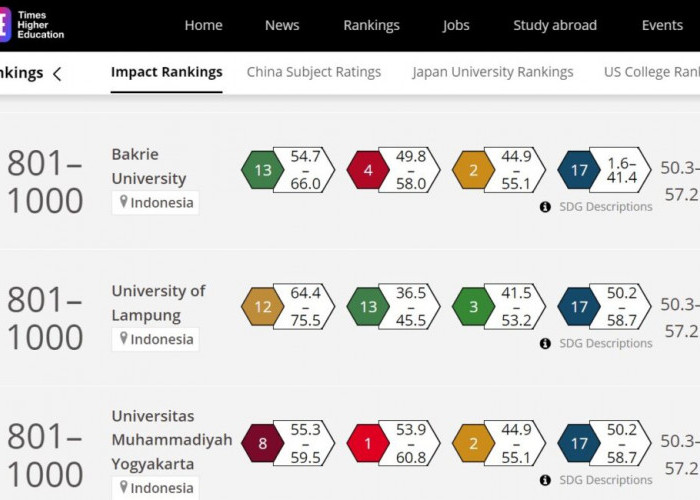 Luar Biasa, Unila Kembali Masuk Pemeringkatan THE Impact Ranking 2022
