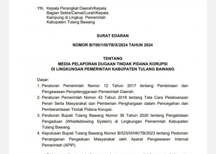 Pemkab Tulang Bawang Rilis Surat Edaran Media Pelaporan Dugaan Tindak Pidana Korupsi