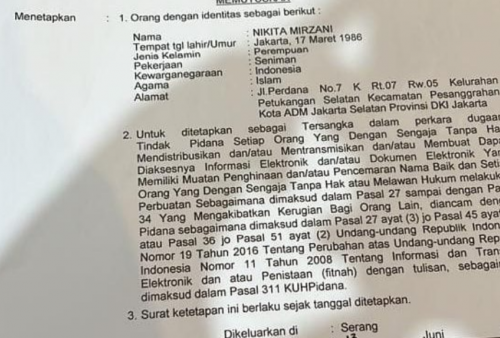 Beredar Surat Penetapan Tersangka Nikita Mirzani, Begini Faktanya!