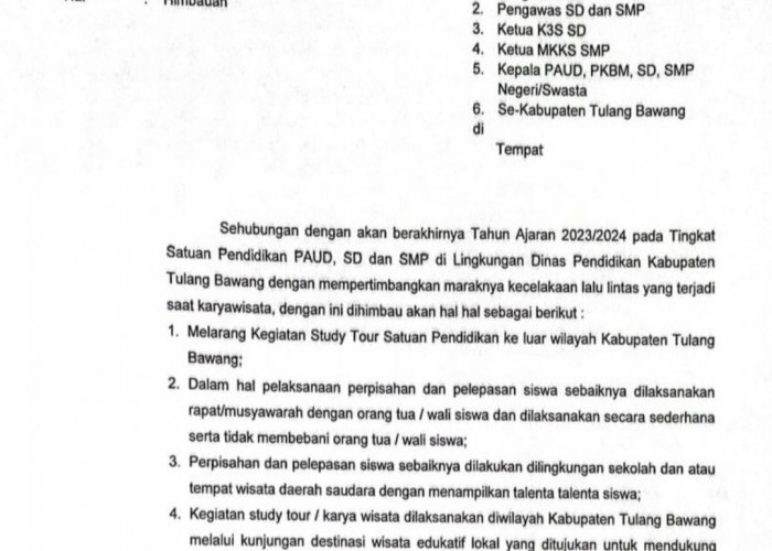 4 Poin Penting Surat Imbauan Dinas Pendidikan Tulang Bawang, Larang Kegiatan Study Tour ke Luar Daerah
