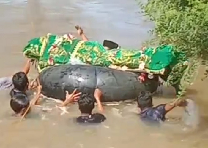 Viral! Ada di Pesisir Barat Lampung, Warga Berenang Bawa Jenazah Menyeberangi Sungai Dengan Ban 