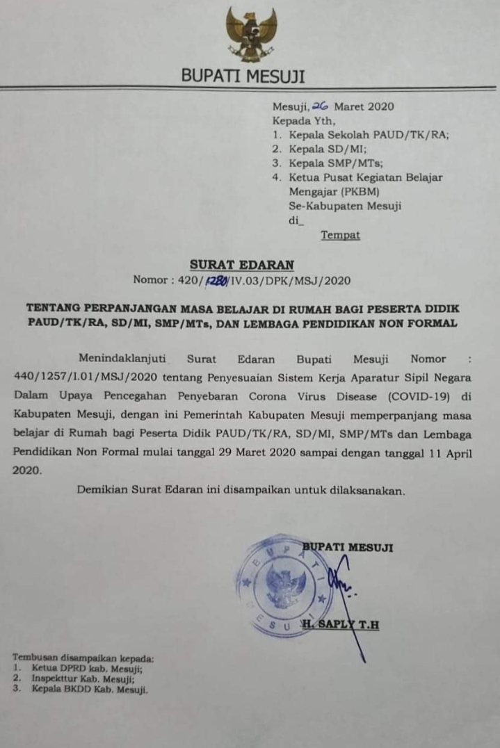 Pemkab Mesuji Perpanjang Giat Belajar di Rumah