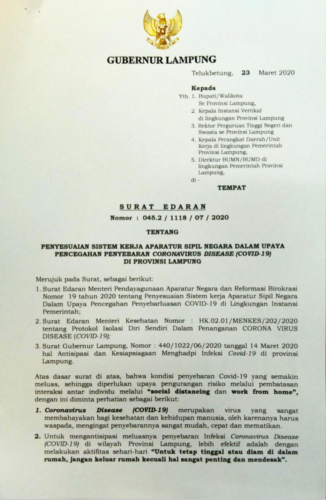 Gubernur Teken SE Anjuran Kerja Dari Rumah dan Social Distancing