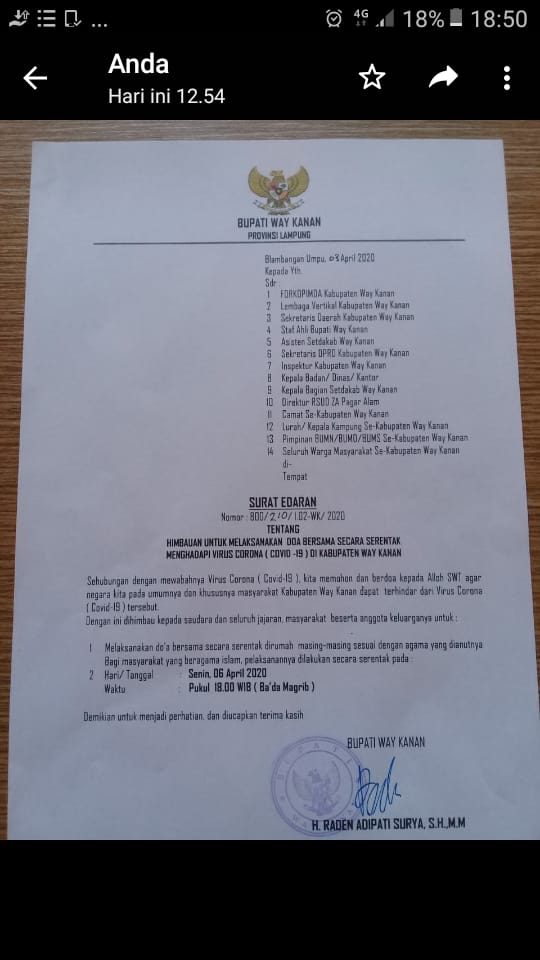 Lewat Doa,  Pemkab Waykanan Ajak Perangi Corona