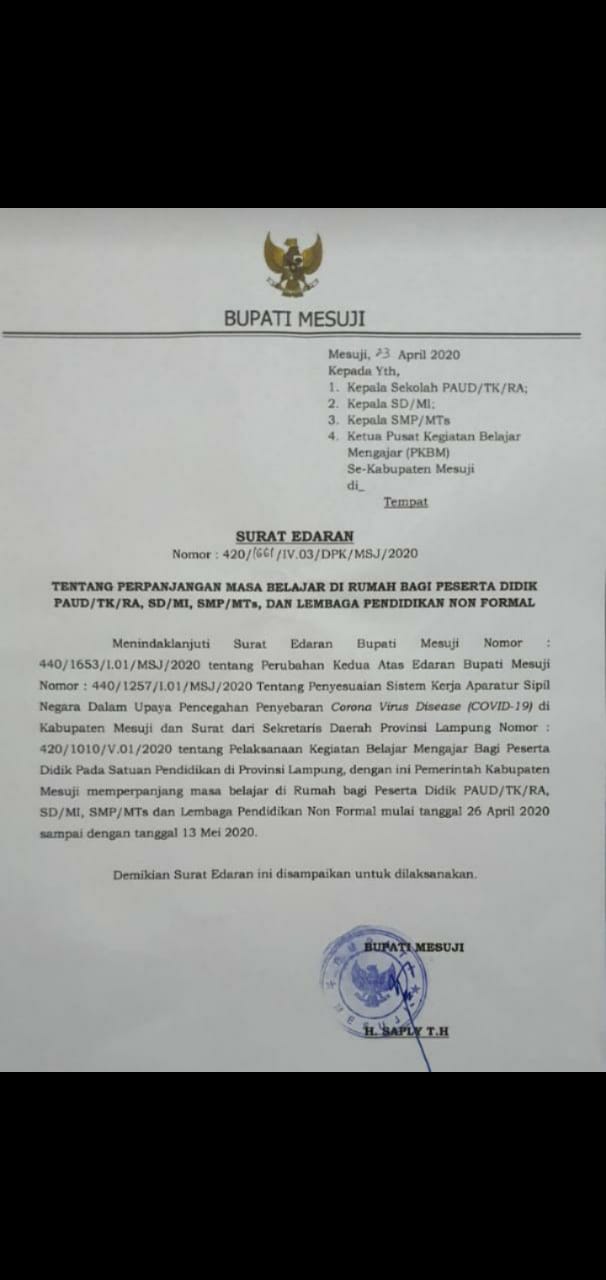 Pemkab Mesuji Perpanjang Giat Belajar di Rumah Sampai 13 Mei