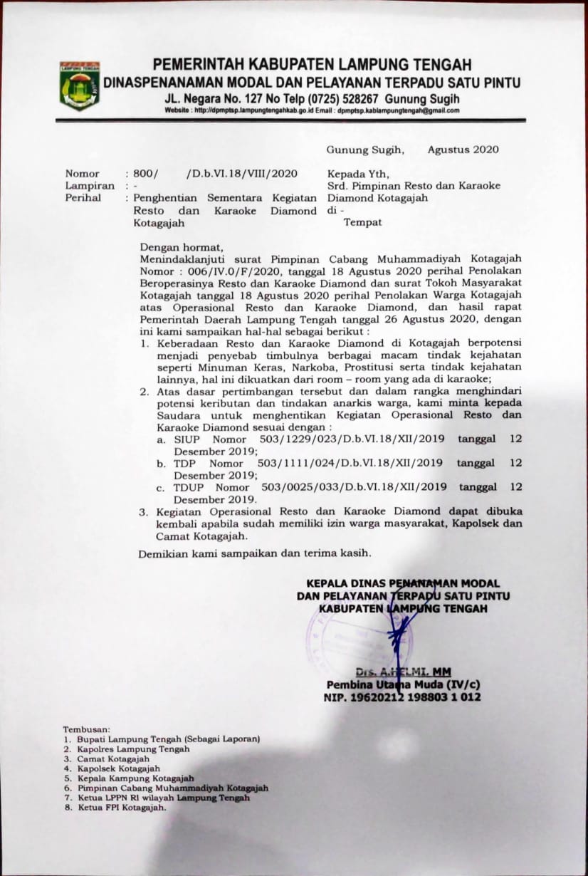 DPMPTSP Lamteng Resmi Hentikan Sementara Operasional Karaoke Diamond