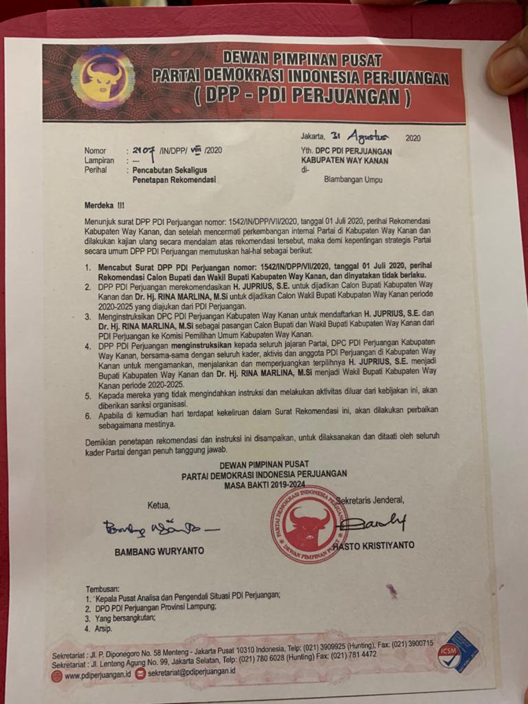 PDIP Cabut Rekom ke Adipati, Pilbup Waykanan Bakal Ada Dua Paslon