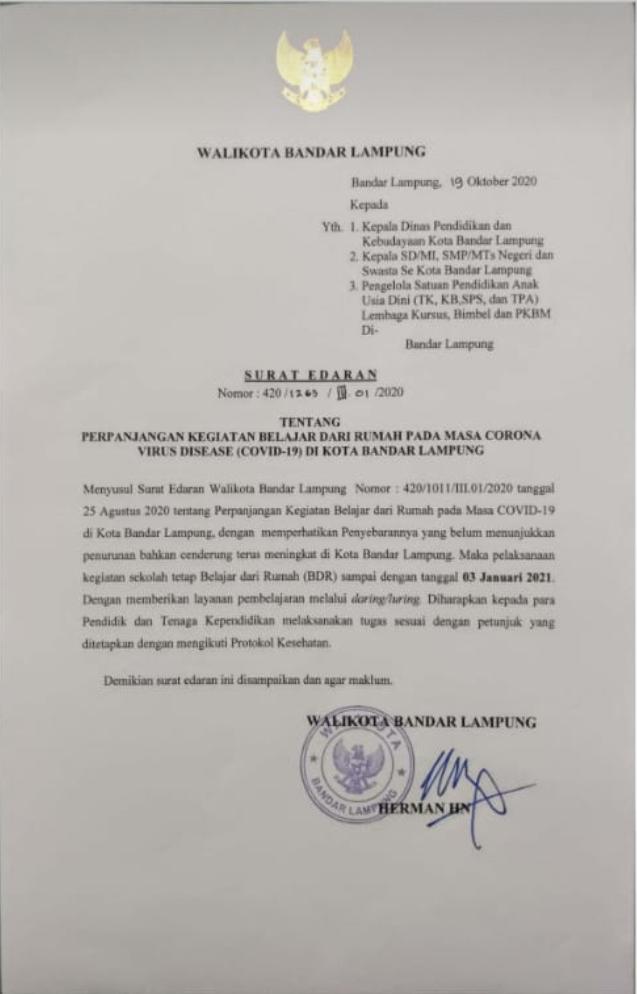 Pemkot Bandarlampung Perpanjang Belajar dari Rumah Sampai Awal 2021