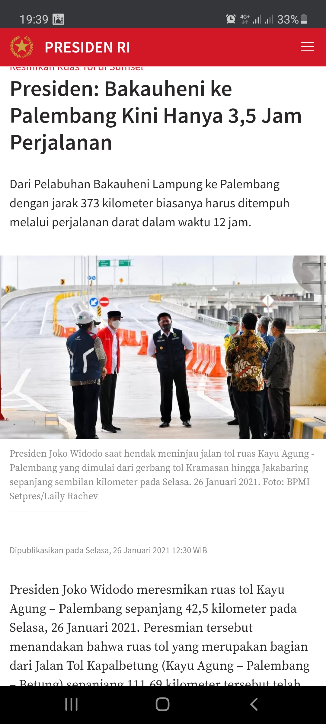 Resmikan Ruas Tol di Sumsel, Presiden: Bakauheni ke Palembang Kini Hanya 3,5 Jam Perjalanan