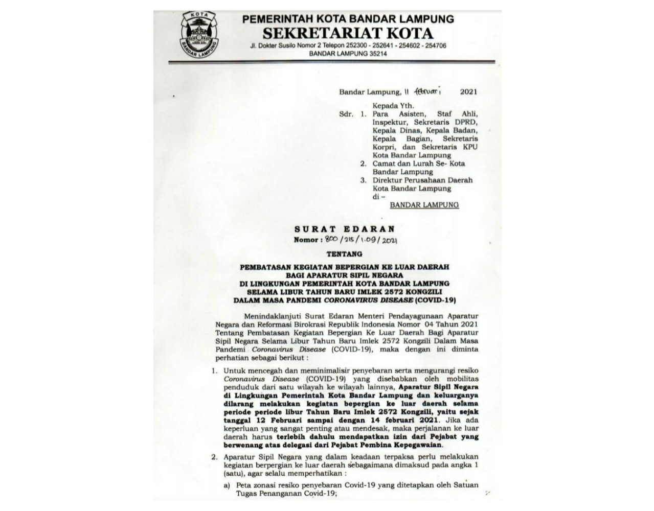 ASN Pemkot Bandarlampung Dilarang Keluar Daerah!