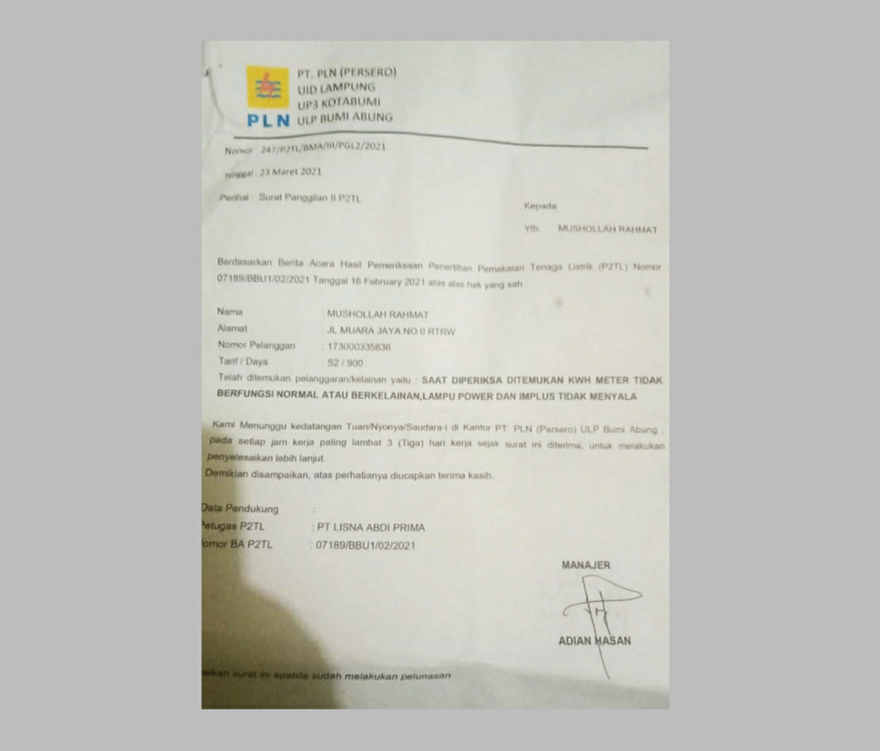 Listrik Musala Diputus, Katanya Karena Menunggak Tagihan
