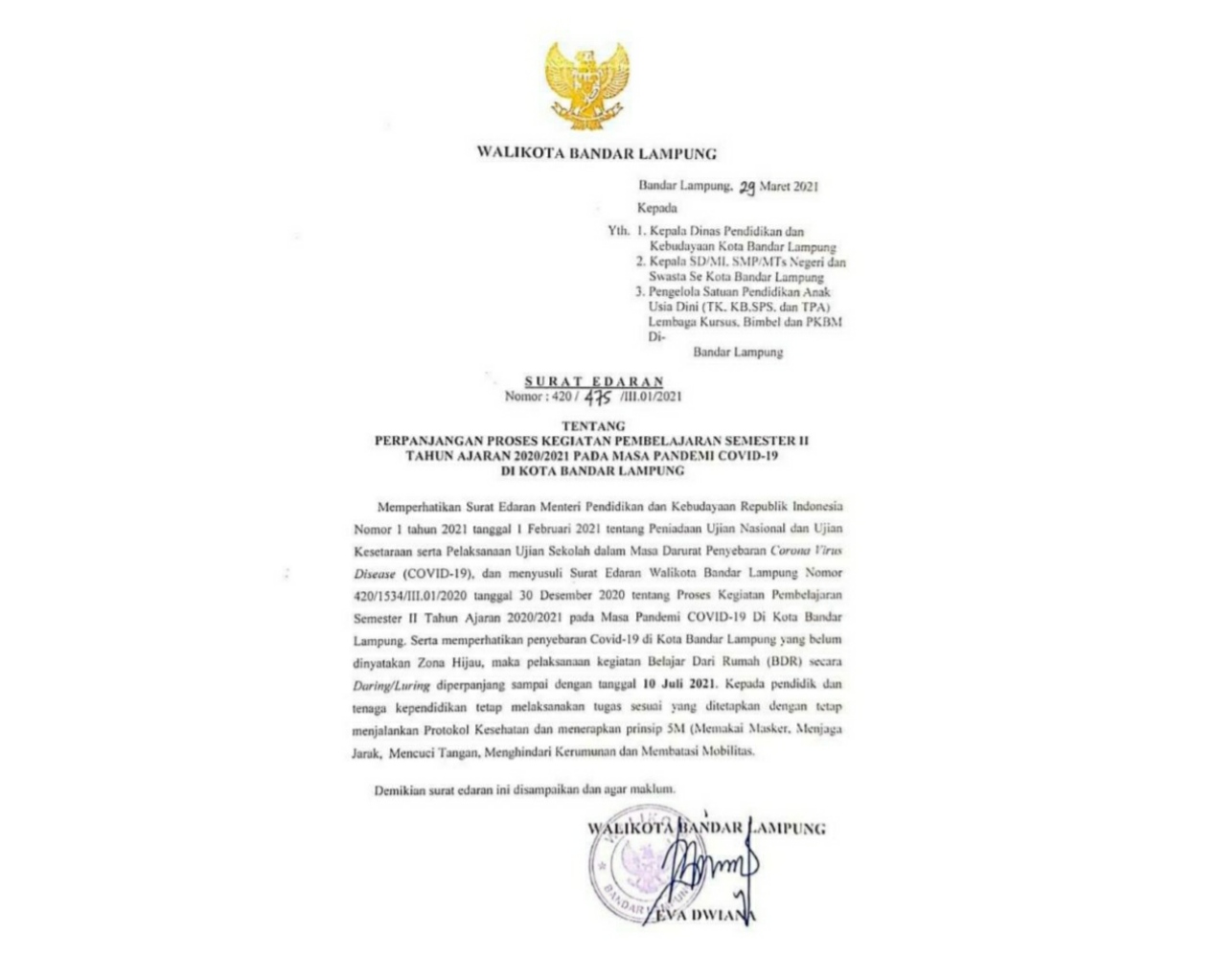 Perpanjang KBM Daring di Bandarlampung Hingga 10 Juli