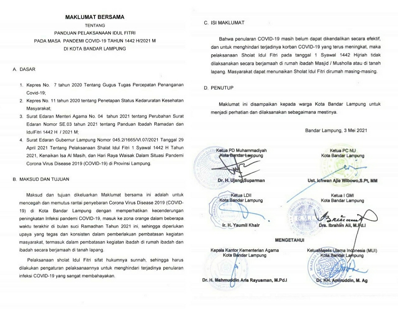 Maklumat Bersama! Warga Bandarlampung Diminta Salat Idul Fitri di Rumah
