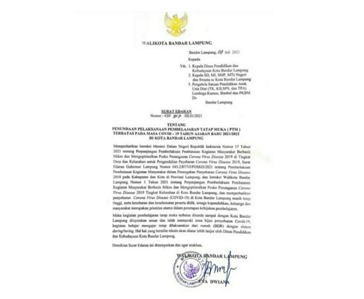 Resmi, PTM Sekolah di Bandarlampung Ditunda
