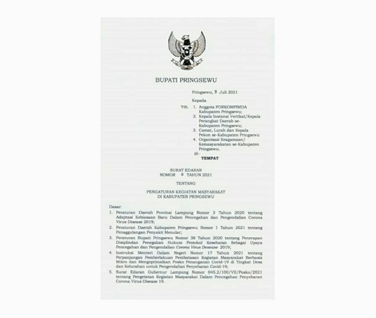Bupati Pringsewu Keluarkan Surat Edaran Pengaturan Kegiatan Masyarakat