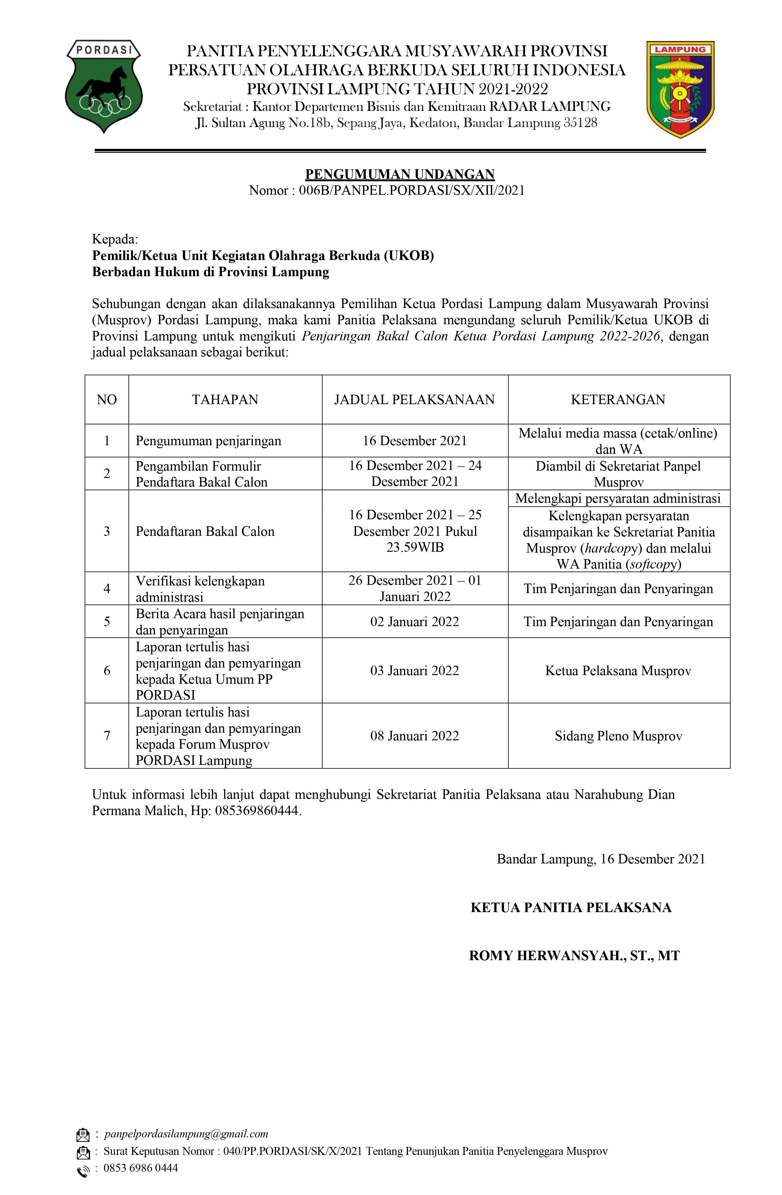 Pengumuman Penjaringan Bakal Calon Ketua Pordasi Lampung 2022-2026