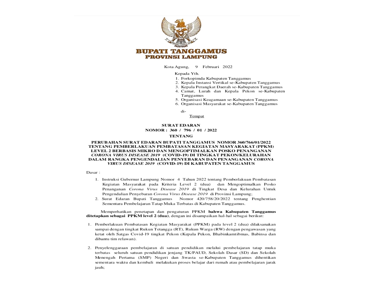 Tanggamus PPKM Level Dua, Kegiatan Perkantoran 50 Persen WFH